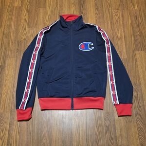 Champion Life Big C Logo Taped Track Jacket Navy Red Stripe Mens Small Full Zip